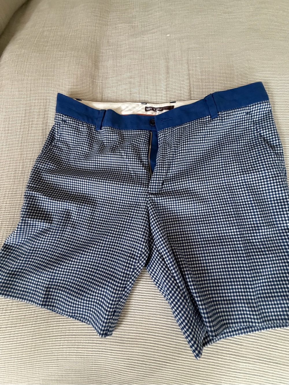 Men's Blue Gingham Flat Front Shorts with Solid Waistband